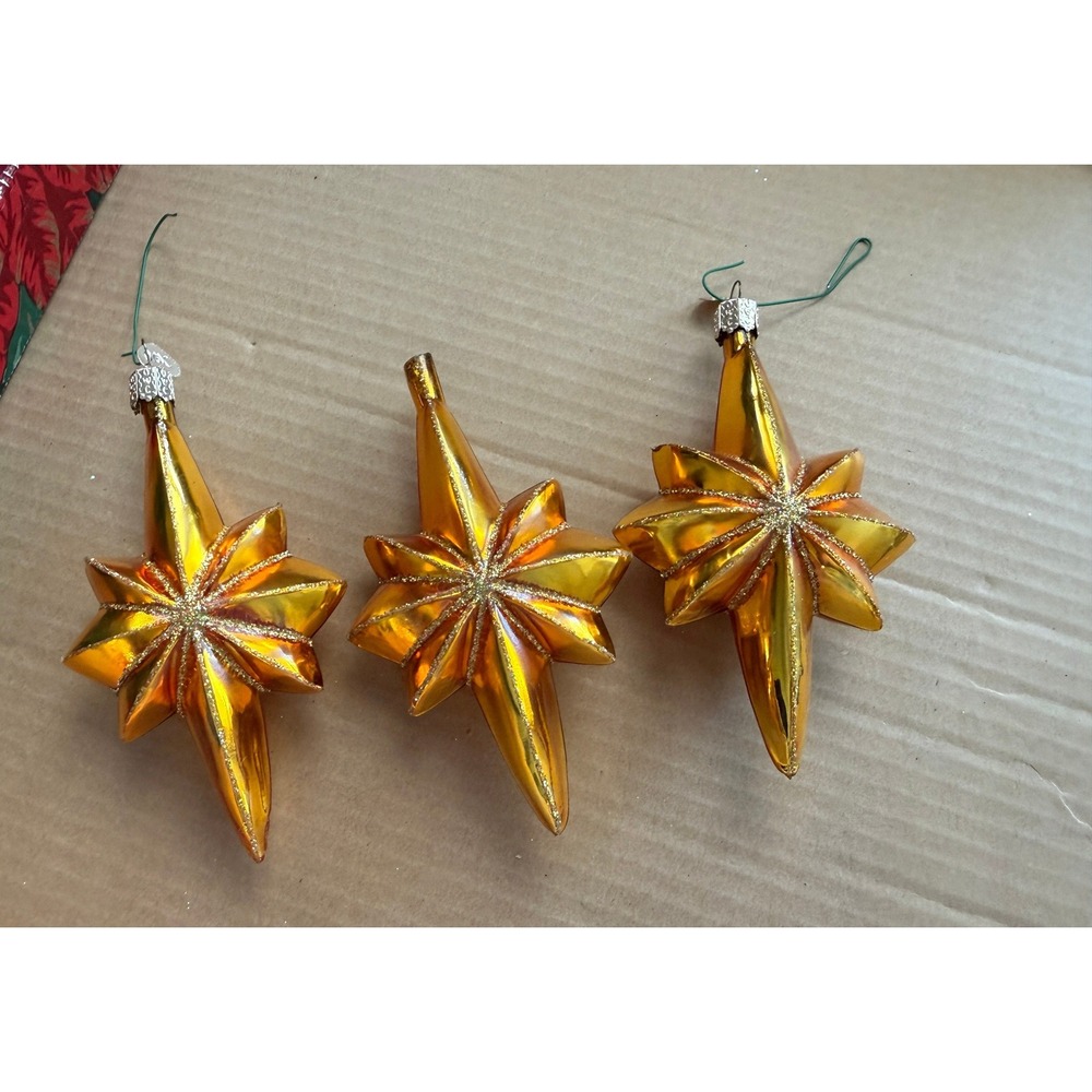 Old World Christmas Glass Starburst Ornaments Set of 3 Amber Gold Iridescent OWC